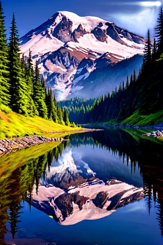 mount rainier,mountain landscape,mt rainier,landscape background,background view nature,mountainous landscape,beautiful landscape,mountain scene,mount hood,mountain lake,alpine lake,landscapes beautiful,landscape mountains alps,nature landscape,mountainlake,water reflection,rainier,beautiful lake,reflections in water,high mountain lake,Illustration,Abstract Fantasy,Abstract Fantasy 23