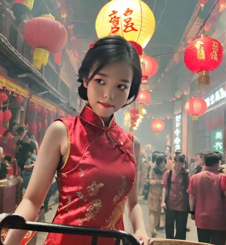 A girl in a red silk Cheongsam navigates the bustling scene of a Chinese New Year temple fair. The traditional attire highlights her elegance against the festive backdrop of high-hung lanterns and thr