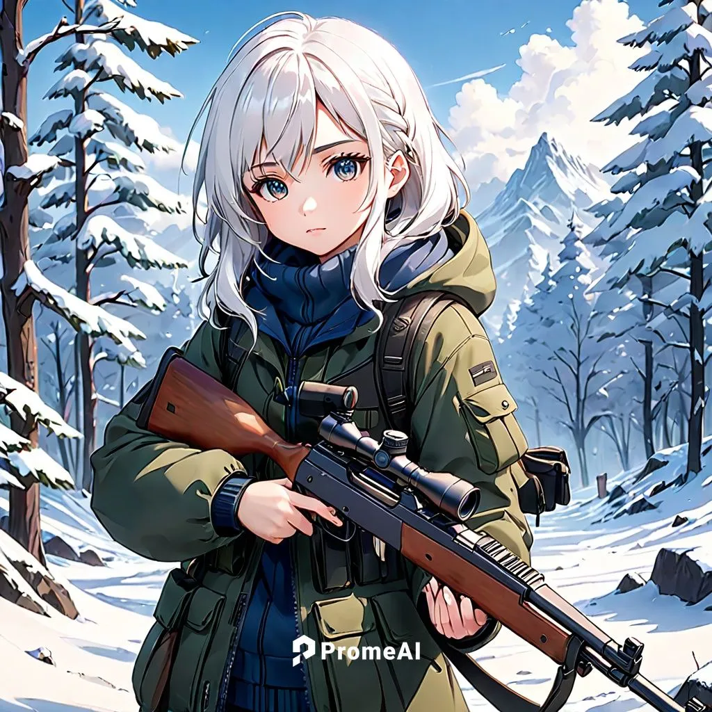 White Haired Anime Girl in tactical Gear in a Winter Enviroment, Mosin Nagant as a Rifle ,m16,belarus byn,ar-15,winter background,winterblueher,darjeeling,rifle,kalashnikov,parka,girl with gun,siberia