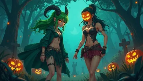 A nerdy, green-haired, horned, barefoot, evil druid girl, wearing Gothic jewelry, dark-emerald robes, and a jack-o-lantern mask, with a muscular ebony-tan Polynesian woman, wearing a studded-leather v