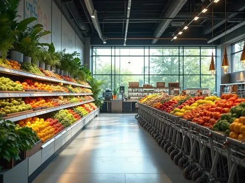 Modern grocery store interior, polycarbonate material walls, transparent shelves, LED lighting, sleek metal frames, minimalist aesthetic, polished concrete floor, abundant natural light, green plants 