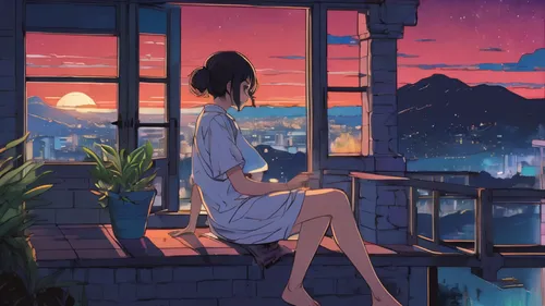 summer evening,window sill,windowsill,rooftop,rooftops,evening atmosphere,honolulu,in the evening,bedroom window,daybreak,sky apartment,daydream,dream world,on the roof,longing,summer sky,romantic night,hideaway,芦ﾉ湖,dawn,Illustration,Japanese style,Japanese Style 06