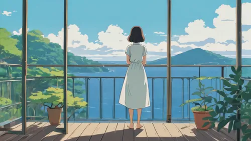 studio ghibli,overlook,summer day,balcony,window sill,window to the world,scenery,house silhouette,windowsill,idyll,summer sky,the horizon,芦ﾉ湖,idyllic,rooftop,greenhouse,bedroom window,ocean view,summer jasmine,tranquil,Illustration,Japanese style,Japanese Style 06