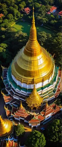 Myanmar architecture, Shwedagon Pagoda, golden stupa, intricate carvings, ornate decorations, tiered roofs, vibrant colors, detailed frescoes, Buddha statues, serene atmosphere, peaceful surroundings,