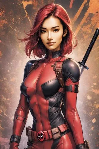  Heavy makeup, messy dyed hair, angular cheekbones, small eyes, thin lips, low nose, upper body,a woman with red hair and a bat in her hand,markswoman,rajawongse,natashquan,romanoff,vanterpool,asjylyn