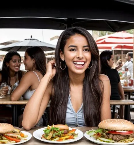 The Moroccan girl is sitting with friends in a restaurant in front of a table with plates of hamburger, fries and vegetables on it.  She wears a light summer dress.  Laughing and talking with friends.