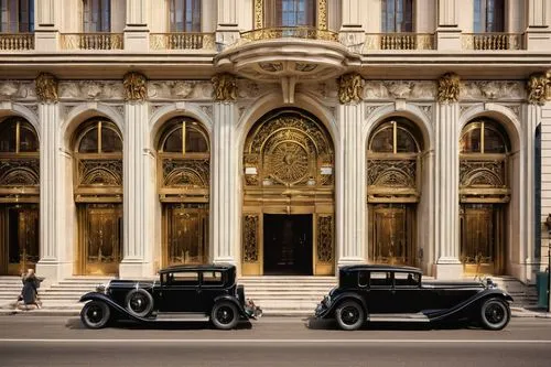 Art Deco building, 1920s architecture, luxurious, grandiose, ornate details, geometric patterns, metallic materials, bronze doors, large windows, curved lines, symmetrical facade, marble floors, high 