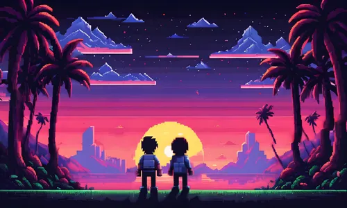 retro background,pixel art,80's design,palmtrees,retro styled,dusk background,couple silhouette,80s,dusk,travelers,palm trees,summer background,palms,aesthetic,neon arrows,wallpaper,background screen,horizon,nostalgic,retro