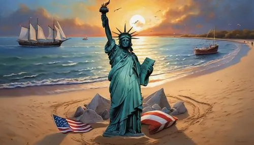 Statue of Liberty, half-buried in golden sand, sunset time, warm lighting, detailed wrinkles on the face, crown broken, tablet in hand, torn American flag wrapped around the body, beach background, wa