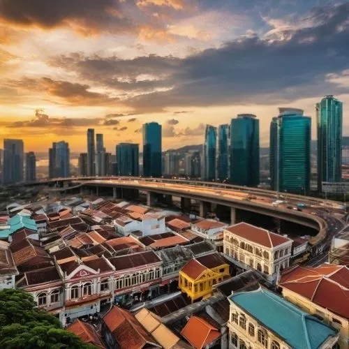 Elevated highways with street lightings,an elevated highway stretches in between old and new development buildings,kuala,singapore,penang