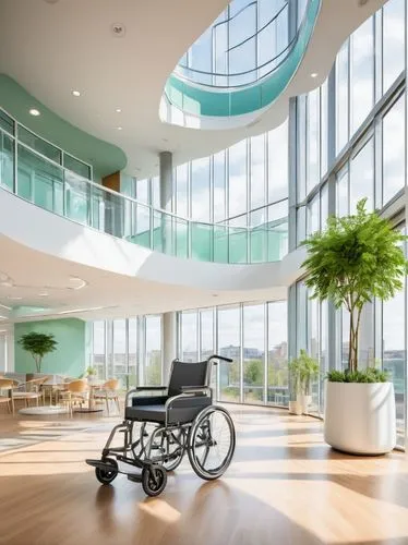 Modern hospital building, futuristic architecture, white exterior walls, large glass windows, sliding doors, steel frames, minimalist interior design, clean lines, curved corners, natural light pourin