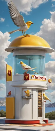 Imagine Birdie McDonald's as a futuristic restaurant where robotic birds serve customers delicious meals.,fast food restaurant,mcdonalds,mcdonald's,mcdonald,fast-food,fastfood,taco mouse,fast food,mc,