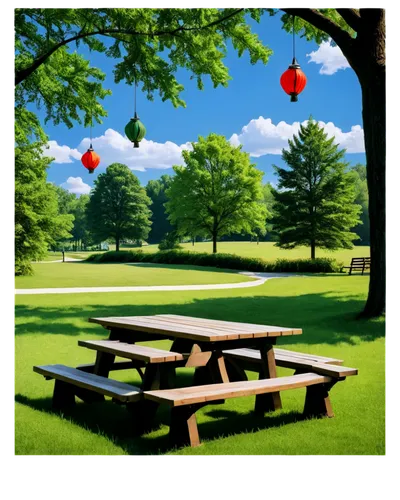 BBQ, outdoor scenery, daytime, sunny weather, blue sky, white clouds, wooden tables, benches, green grass, trees surrounding, lanterns hanging, warm lighting, 3/4 composition, shallow depth of field, 