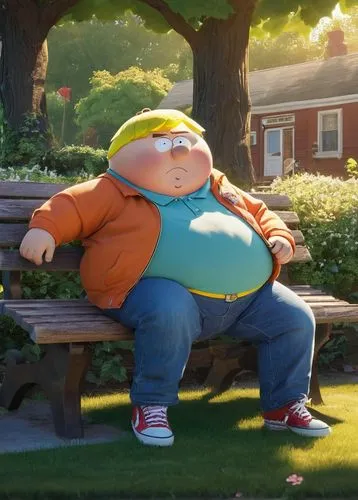 Obese boy, Eric Cartman, realistic, modern-day, suburban, residential area, backyard, sunny afternoon, warm lighting, overweight, blonde messy hair, blue shirt, orange jacket, baggy jeans, sneakers, s