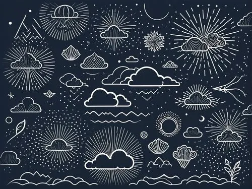 weather clouds, stars and a sun in the sky,fireworks background,background vector,fireworks art,cloud play,umbrella pattern,jellyfish collage,Illustration,Black and White,Black and White 04