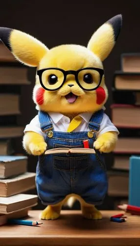 Pikachu, wearing black-framed glasses, yellow fur, red cheeks, cute facial expression, standing on two legs, holding a tiny book, white shirt with short sleeves, blue overalls, shiny black shoes, sitt