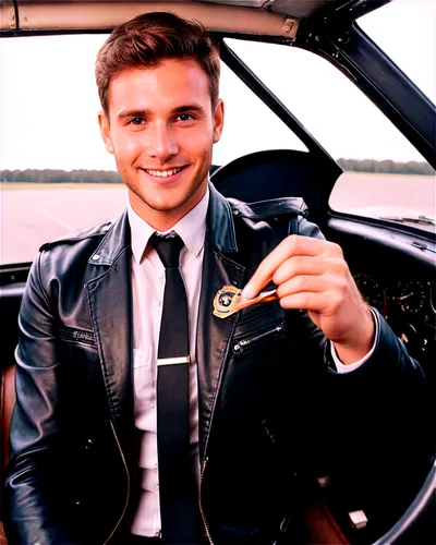 Young adult, male pilot, smiling face, aviator sunglasses, short brown hair, trimmed beard, white shirt, black tie, leather jacket, holding steering wheel, sitting in cockpit, metallic reflections, wa