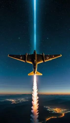 8k collage of  of b-2 bomber dropping flares in night sky,an airplane flying over a city under a star filled sky,beam of light,flying sparks,spaceshipone,light streak,stratospheric,laser beam,Illustra