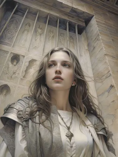 a woman wearing a white blouse is standing in front of a building,margaery,margairaz,joan of arc,andromache,guinevere,hypatia,Illustration,Realistic Fantasy,Realistic Fantasy 03