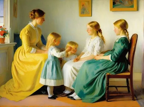 mother with children,the mother and children,mother and children,parents with children,children girls,the little girl's room,parents and children,children studying,mulberry family,children's room,blessing of children,children,young women,nursery,girl in the kitchen,moedergans,children's bedroom,prins christianssund,painting,little girl and mother,Art,Classical Oil Painting,Classical Oil Painting 20