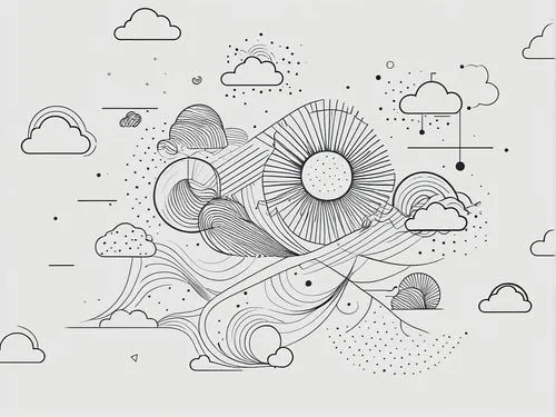 a drawing with waves and clouds in the background,cloud mushroom,umbrella pattern,paper clouds,raincloud,cloud image,background vector,Illustration,Black and White,Black and White 04