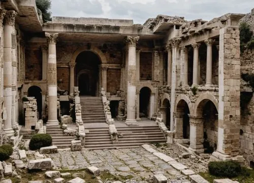 TEMPLO ROMANO EN RUINAS,the old building has a lot of ruins around it,celsus library,ephesus,jerash,baalbek,palmyra,dougga,Photography,General,Realistic