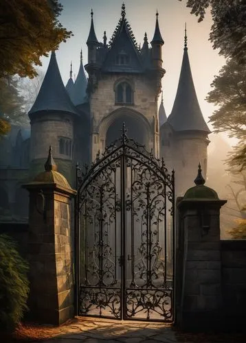 fairy tale castle,fairytale castle,ghost castle,haunted castle,iron gate,castle of the corvin,front gate,chateau,gatehouses,chateaux,castle,castlelike,witch's house,bethlen castle,gold castle,fence gate,fairy tale,gates,stone gate,gothic style,Illustration,Japanese style,Japanese Style 10