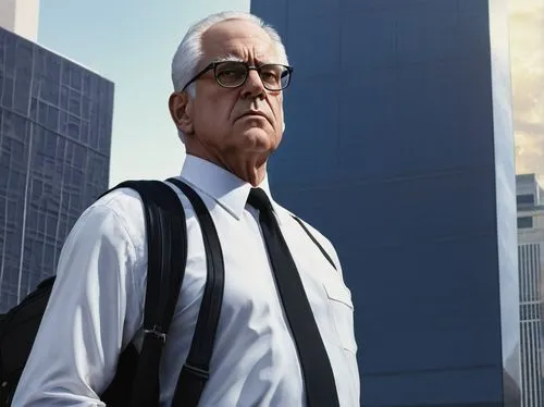 Mature man, architect, formal wear, white shirt, black tie, black suit, glasses, briefcase, serious expression, standing, office building, skyscraper, cityscape, daytime, clear sky, 3/4 composition, s