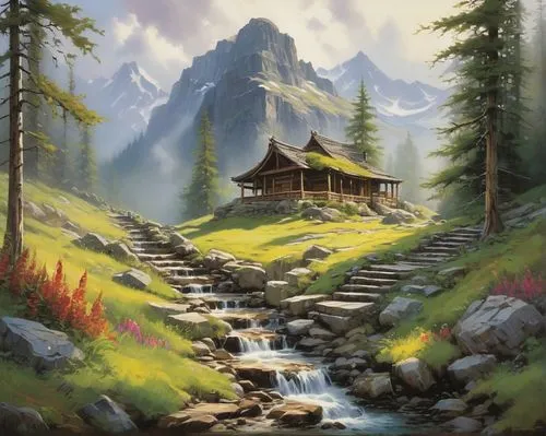 mountain scene,mountain landscape,landscape background,house in mountains,house in the mountains,mountain settlement,alpine landscape,mountain village,home landscape,salt meadow landscape,alpine village,fantasy landscape,mountainous landscape,mountain meadow,mountain spring,nature landscape,the cabin in the mountains,world digital painting,idyllic,nature background,Conceptual Art,Oil color,Oil Color 09