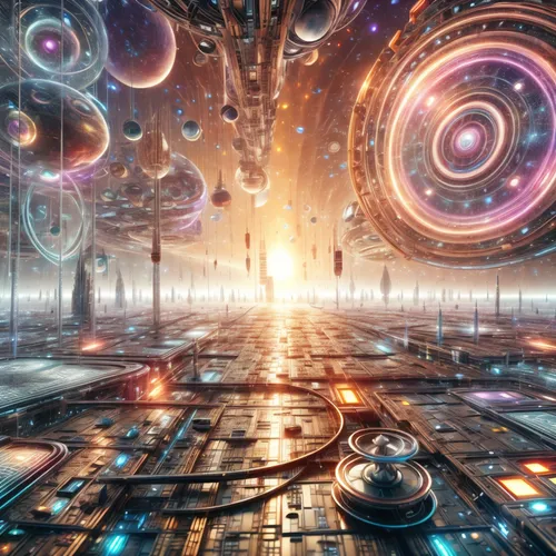 a futuristic sci fi fib image of a city with lots of lights,transfinite,wormhole,stargates,hyperspace,fractal environment,multiverse