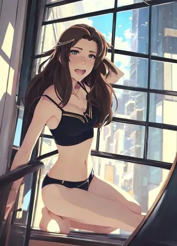 a portrait of a beautiful caucasian girl 23 years old brown hair wearing a black bikini to knelt in a bed in a modern bedroom lookin to camera in 4k,honolulu,honmei choco,sanya,on the roof,rooftop,swi