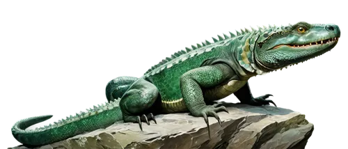 Reptile, scaly skin, green color, sharp teeth, long tail, claws, sitting on rock, solo, close-up, facial expression, detailed eyes, ambient light, shallow depth of field, warm color tone, cinematic co