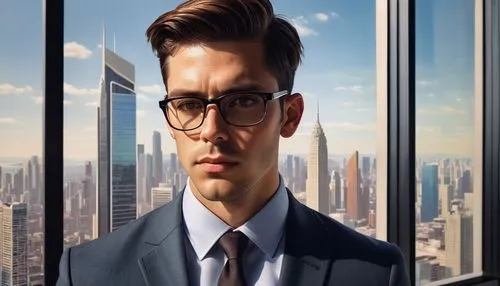 Male architect, 30s, serious face, black-framed glasses, short brown hair, suit and tie, holding blueprints, standing in front of a large window, cityscape view, skyscrapers, modern buildings, busy st