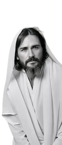 Jesus Christ, black and white photography, solo, mature male, long hair, beard, mustache, sacred eyes, gentle smile, white robes, draped fabric, golden halo, subtle wrinkles, soft focus, shallow depth