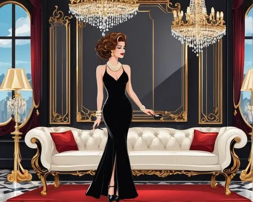 dressup,eveningwear,art deco woman,art deco background,evening dress,black dress with a slit,dressmaker,art deco,heiress,opulence,fanciest,art deco frame,opulent,elegance,a floor-length dress,duchesse,elegante,glamorized,bussiness woman,lady of the night,Unique,Design,Sticker