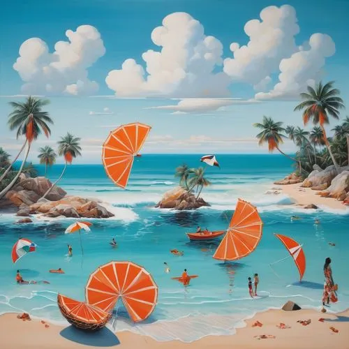 Sun-kissed shores fringed with palm trees sway gently in the ocean breeze, inviting travelers to indulge in tropical bliss.,summer beach umbrellas,umbrella beach,beach landscape,beach umbrella,tropica