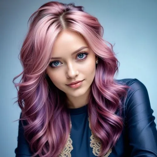 PELO COLOR CON MECHAS MORADAS,a woman with long pink hair posing,pink hair,perrie,purple and pink,lilac,beautyberry,pink beauty