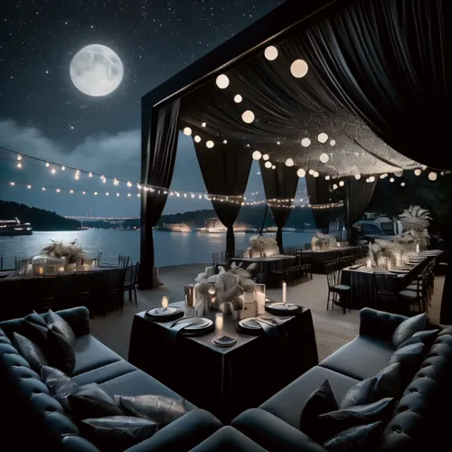 romantic night,romantic dinner,outdoor dining,fine dining restaurant,moonlit night,event tent,beach tent,honeymoon,luxury hotel,sea night,moonlight,dinner for two,party decoration,luxury,evening atmos