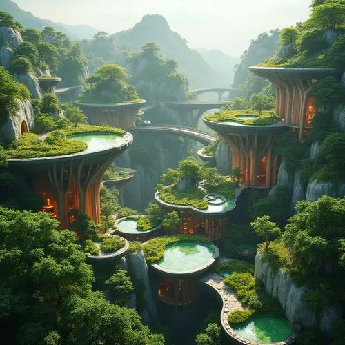 futuristic landscape,ecotopia,floating islands,terraformed,skylands,mushroom landscape,yavin,shaoming,fantasy landscape,tigers nest,rivendell,ancient city,mushroom island,elves country,naboo,artificial islands,arcology,citadels,biomes,biospheres,Photography,General,Realistic