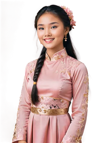 Vietnamese girl, Ao Dai dress, traditional clothing, flowing silk fabric, intricate embroidery, high collar, long sleeves, relaxed posture, gentle smile, soft makeup, dark hair, elegant bun, subtle bl