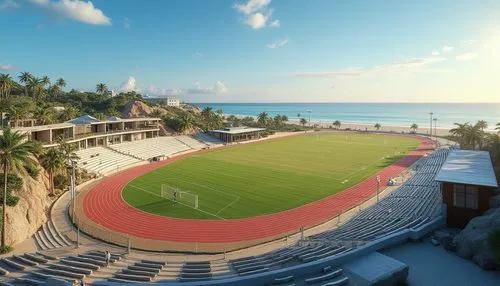 Seaside sports complex, ocean views, sandy beaches, coastal breezes, modern athletic facilities, sleek metal bleachers, vibrant green grass, track and field events, soccer goals, tennis courts, beach 