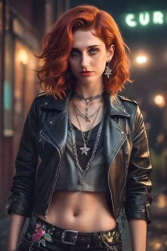 Wears a leather dress with flowers studs, a short colorful leather jacket, and biker boots. Her ginger hair is loose and wavy, and she wears a silver chain necklace.. Dark romance vibes, Mc club night