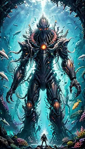 aquaman,god of the sea,coral guardian,sea god,ilightmarine,under the sea,poseidon,under sea,aquanaut,the bottom of the sea,kraken,cg artwork,merman,sci fiction illustration,sea devil,sea-life,sea man,scuba,gigantic,game illustration,Anime,Anime,General