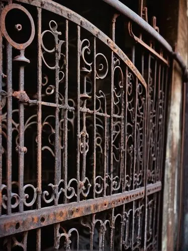 Old, rusty, distressed iron architectural salvage, vintage ornate gates, intricate metalwork, curved balcony railings, worn, weathered, industrial texture, abandoned factory, urban decay, dim lighting