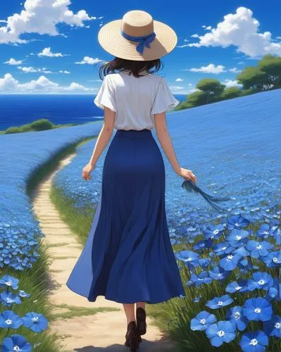 forget-me-not,woman walking,blooming field,straw hat,girl walking away,blue flax,violet evergarden,blue rose,way of the roses,walk,country dress,perennial flax,cosmos wind,forget me not,summer day,windflower,blue petals,blue painting,stroll,tsumugi kotobuki k-on,Conceptual Art,Fantasy,Fantasy 14