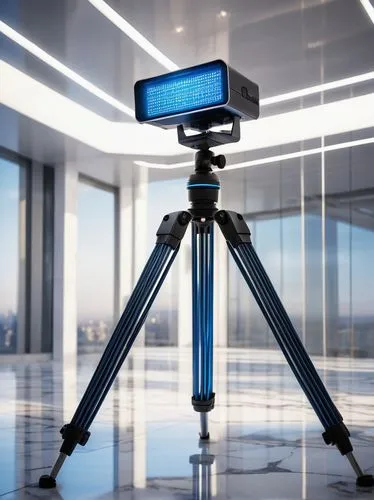 3D laser scanner, futuristic device, sleek metal body, glowing blue lines, detailed buttons, rotating head, mounted on tripod, scanning architectural model, white marble floor, modern interior design,