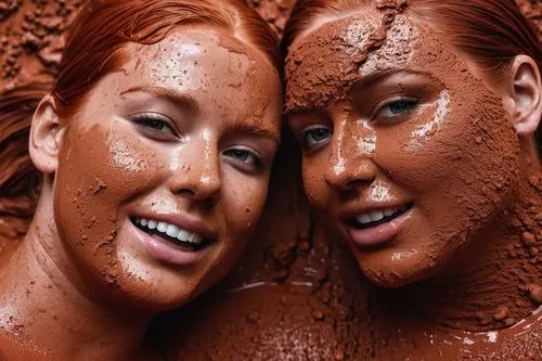 pretty bbw german girl with red hair and a chubby corian girl. they smear red clay in each other's hair. they are both sweating. they are both soaked and covered in red clay. their hair is soaked and 