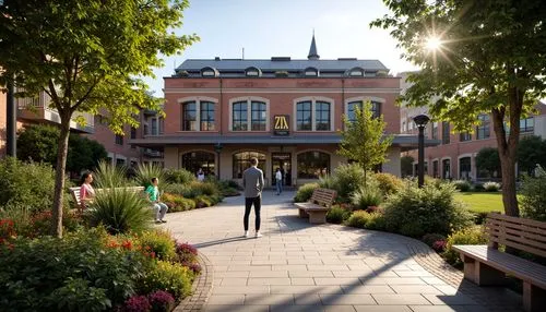 Vibrant train station, eclectic landscaping, mixed botanicals, lush greenery, colorful flowers, ornate metal benches, intricate stonework, vintage lamp posts, industrial-chic signage, distressed brick