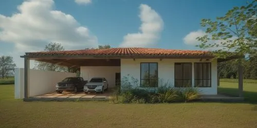 casa de campo colonial, com estrutura de madeira e telhado, paredes em pintura branca, dois carros na garagem e bastante vegetação. No horizonte uma paisagem do campo. O céu está claro e azul, com pou