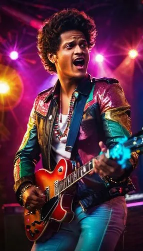 Bruno Mars, solo, 30s, handsome, strong jawline, bright brown eyes, messy curly hair, iconic mustache, stylish outfits, leather jacket, white shirt, fitted jeans, black boots, holding a guitar, singin